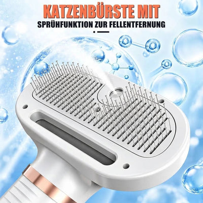 Dampfbürste für Katzen zur Fellpflege mit Sprühfunktion vor einem Hintergrund mit Wasserblasen