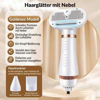Haarglätter mit Sprühnebel-Funktion, inklusive zwei Aufsätzen für präzises Styling und schnelles Trocknen.