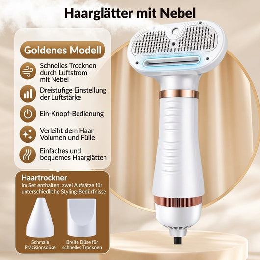 Haarglätter mit Sprühnebel-Funktion, inklusive zwei Aufsätzen für präzises Styling und schnelles Trocknen.