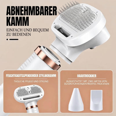 3-in-1 Hundetrockner mit abnehmbarem Kamm, Styling-Aufsatz und zwei Düsen für konzentriertes Trocknen.
