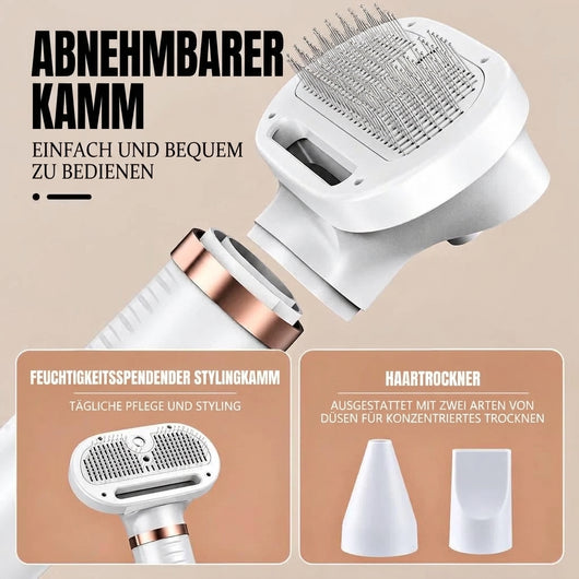 3-in-1 Hundetrockner mit abnehmbarem Kamm, Styling-Aufsatz und zwei Düsen für konzentriertes Trocknen.