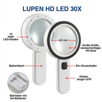 30-fache Lupe mit LED-Licht – 60 mm Linse für präzise Detailbetrachtung