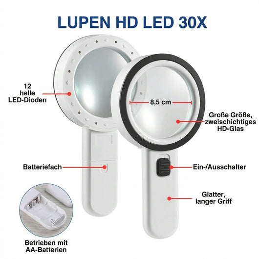 30-fache Lupe mit LED-Licht – 60 mm Linse für präzise Detailbetrachtung
