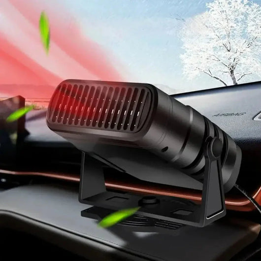 Tragbare 12V Auto-Heizung mit Kühlfunktion, auf dem Armaturenbrett montiert und um 360 Grad drehbar.