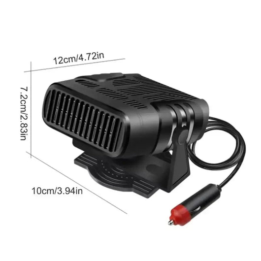 Tragbare 12V Auto-Heizung mit Kühlfunktion und 360-Grad-Drehgelenk inklusive Maßangaben.
