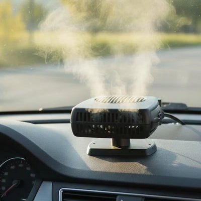 Eine 12V Auto-Heizung mit Thermostat auf dem Armaturenbrett, die warme Luft zur Enteisung der Scheibe ausstößt.