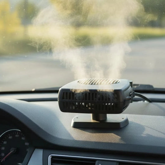 Eine 12V Auto-Heizung mit Thermostat auf dem Armaturenbrett, die warme Luft zur Enteisung der Scheibe ausstößt.