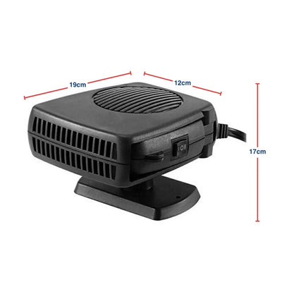 Auto-Heizlüfter 12V mit Thermostat und Maßangaben in Zentimetern