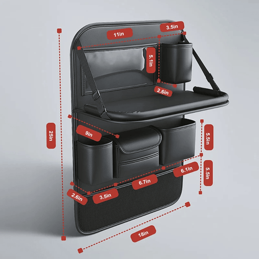 Autositz-Organizer mit ausklappbarem Tisch und Tablet-Halterung, inklusive Maßangaben für die verschiedenen Fächer.