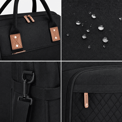Detailansichten einer schwarzen Wickeltasche mit wasserabweisendem Stoff, stabilen Tragegriffen und gesteppten Taschen.