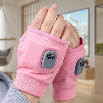 Beheizbare fingerlose Handschuhe für Damen in Rosa mit digitaler Temperaturanzeige auf 55 Grad Celsius.