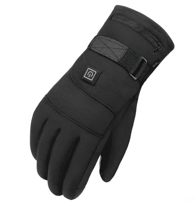 Schwarzer beheizbarer Handschuh mit Temperaturregelung und Reißverschlussfach am Handgelenk.