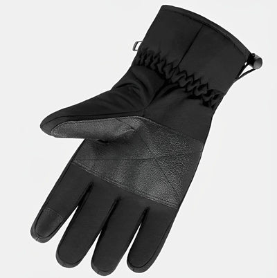 Schwarzer beheizbarer Handschuh mit Temperaturregelung, wasserabweisendem Material und verstärkter Handinnenfläche.