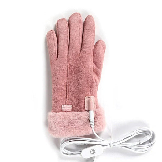 Beheizbare Winterhandschuhe für Damen in Rosa mit USB-Kabel und flauschigem Rand.