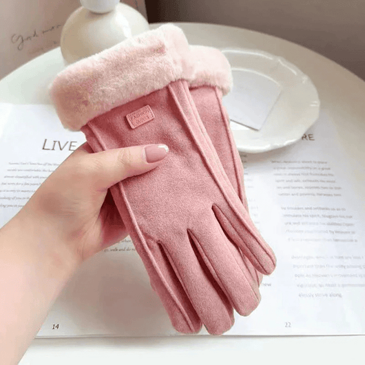 Eine Hand hält ein Paar rosafarbene Winterhandschuhe mit weichem Plüschfutter vor einem beschriebenen Blatt Papier.
