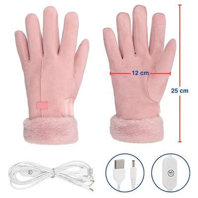 Rosa beheizbare Winterhandschuhe für Damen mit USB-Ladekabel und Maßangaben in Zentimetern.