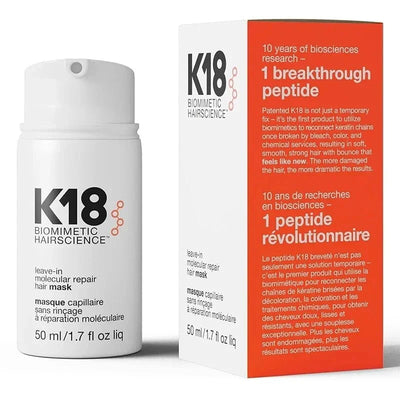 K18 Leave-in Haarmaske zur molekularen Reparatur von geschädigtem Haar in einer 50 ml Flasche neben der Produktverpackung.