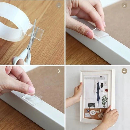 Anleitung zur Befestigung eines Bilderrahmens an der Wand mit transparentem, doppelseitigem Klebeband.
