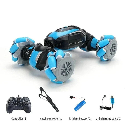 Ferngesteuertes Auto mit Gestensteuerung, inklusive Controller, Armband-Steuerung, Lithium-Akku und USB-Ladekabel.