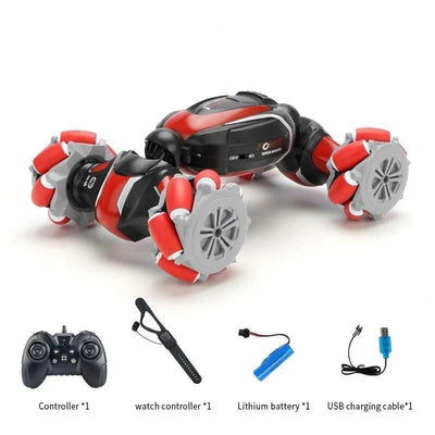 Ferngesteuertes Auto mit Gestensteuerung, inklusive Controller, Armband-Fernbedienung, Akku und USB-Ladekabel.