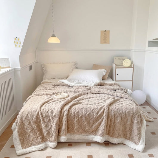 Beige Fleecedecke mit Lammwolle auf einem Bett in einem hellen, gemütlichen Schlafzimmer