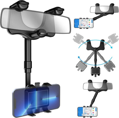 Handyhalterung für den Rückspiegel im Auto, 360° drehbar und verstellbar für Smartphones von 4 bis 7 Zoll.