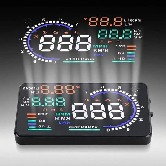 Head-Up-Display für das Auto mit 5,5 Zoll Anzeige, OBD2 und GPS, zur Montage an A-Säule oder Armaturenbrett.