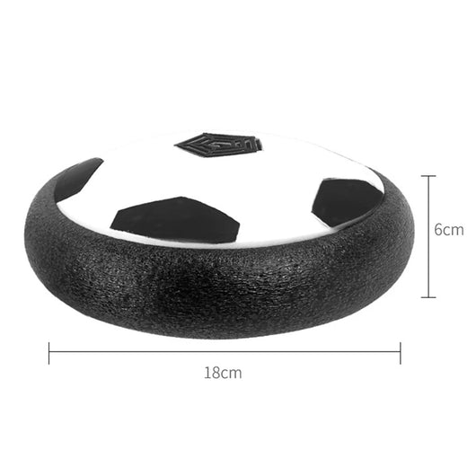 Ein runder Hoverball mit schwarz-weißem Fußballmuster, der 18 cm breit und 6 cm hoch ist.