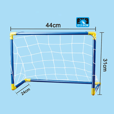Ein blau-gelbes Fußballtor für Kinder mit den Maßen 44 cm Breite, 31 cm Höhe und 24 cm Tiefe.
