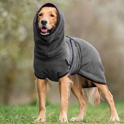 Ein Hund trägt einen grauen, wasserdichten Wintermantel mit Kapuze für Spaziergänge.