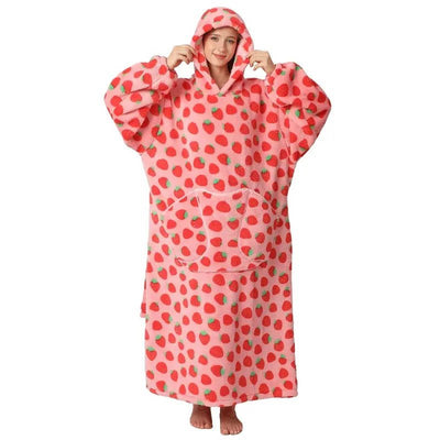 Übergroße Kapuzendecke mit Erdbeermuster, Fleece-Futter, Kängurutasche und elastischen Bündchen