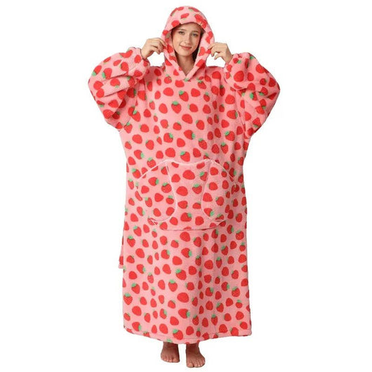 Übergroße Kapuzendecke mit Erdbeermuster, Fleece-Futter, Kängurutasche und elastischen Bündchen