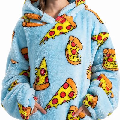 Übergroße Kapuzendecke mit Fleece und Sherpa, doppellagig, mit Kängurutasche und Pizzamuster