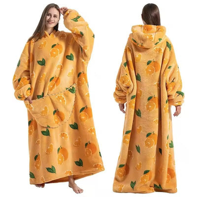 Übergroße Kapuzendecke mit Fleece und Sherpa, doppellagig, mit Kängurutasche und elastischen Bündchen im Orangenmuster