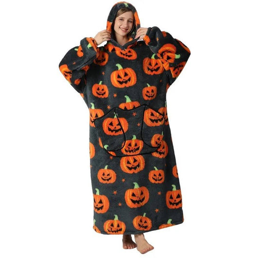 Übergroße Kapuzendecke mit Kürbismuster, Fleece- und Sherpafutter, Kängurutasche und elastischen Bündchen