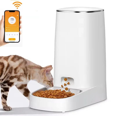 Automatischer Katzenfutterautomat mit App-Steuerung und einer Katze, die aus der Edelstahlschale frisst.