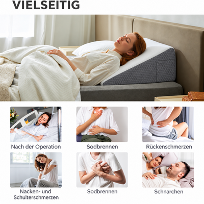 Vielseitiges Keilkissen zur Linderung von Beschwerden wie Sodbrennen, Rückenschmerzen, Nackenschmerzen und Schnarchen.