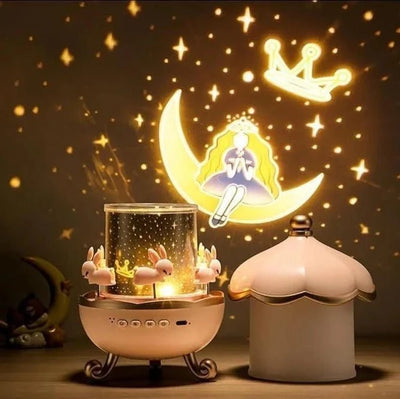 Kindernachtprojektor mit Bluetooth und Musik, der eine Prinzessin auf dem Mond und Sterne an die Wand projiziert.