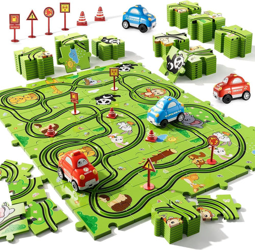 Kinderpuzzle Rennstrecke mit 48 Teilen – Motorisierte Autos für 2-6 Jahre, sicher und kreativ