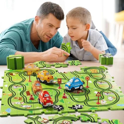 Kinderpuzzle Rennstrecke mit 48 Teilen – Motorisierte Autos für 2-6 Jahre, sicher und kreativ