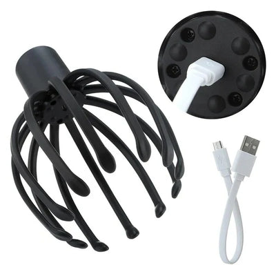 Elektrisches Kopfmassagegerät mit 360-Grad-Funktion, inklusive USB-Ladekabel für entspannende Anwendungen.