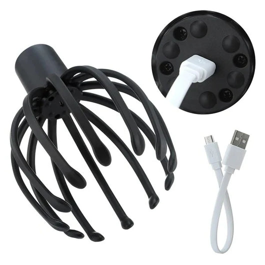 Elektrisches Kopfmassagegerät mit 360-Grad-Funktion, inklusive USB-Ladekabel für entspannende Anwendungen.
