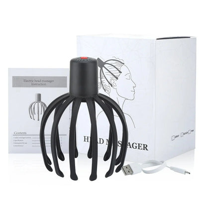 Elektrisches Kopfmassagegerät mit Bedienungsanleitung, USB-Ladekabel und Produktverpackung