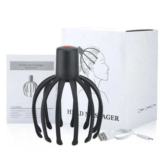 Elektrisches Kopfmassagegerät mit Bedienungsanleitung, USB-Ladekabel und Produktverpackung