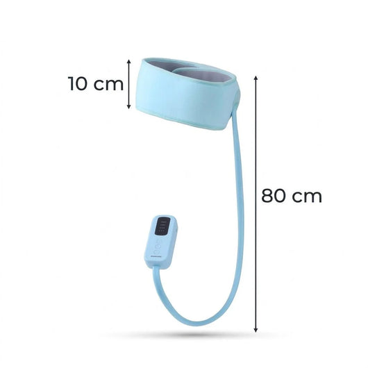 Hellblaues Kopfmassagegerät mit Steuereinheit, 10 cm breitem Band und 80 cm langem Kabel zur Darstellung der Abmessungen.