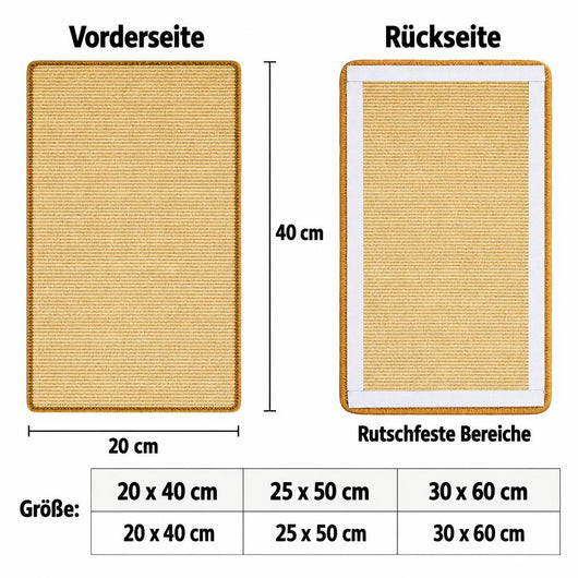 Vorder- und Rückseite eines Sisal-Kratzbretts für Katzen mit einer Größentabelle für verschiedene Maße.