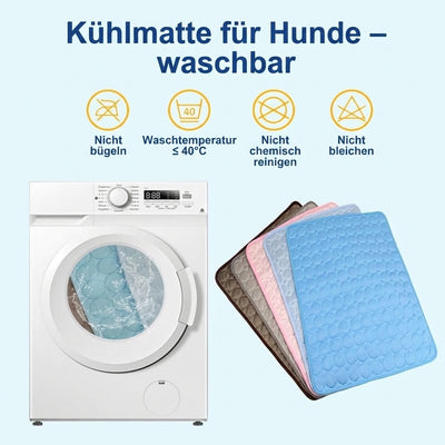 Waschbare Kühlmatte für Hunde mit Pflegehinweisen und einer Waschmaschine zur Veranschaulichung.