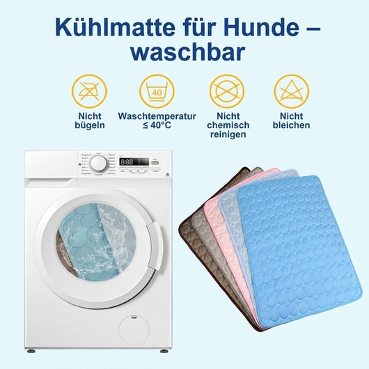 Waschbare Kühlmatte für Hunde mit Pflegehinweisen und einer Waschmaschine zur Veranschaulichung.
