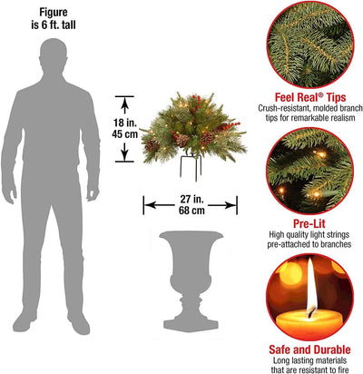 Künstlicher Weihnachtsbaum-Gesteck mit Beleuchtung, 45 cm hoch und 68 cm breit, mit realistischen Zweigen und feuerfest.