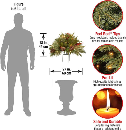 Künstlicher Weihnachtsbaum-Gesteck mit Beleuchtung, 45 cm hoch und 68 cm breit, mit realistischen Zweigen und feuerfest.
